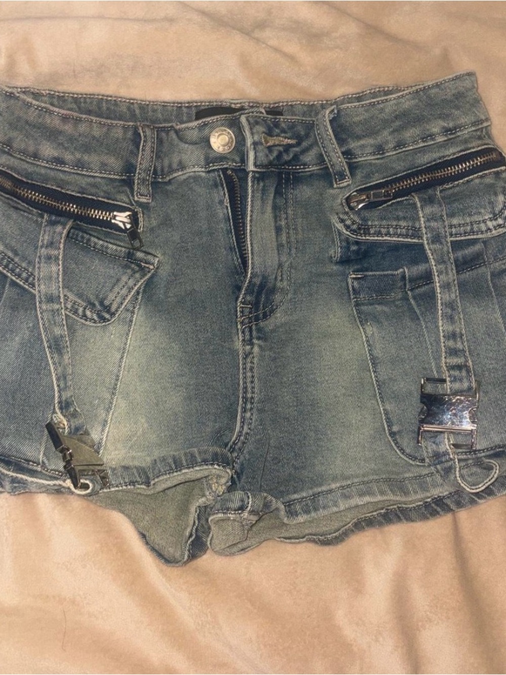 AKIRA Distressed Blue Denim Jean Shorts with Zipper Accents